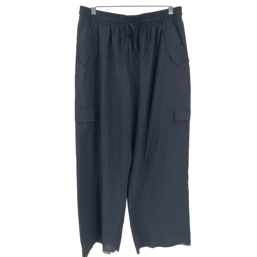 Umgee Cargo Pants M Black Linen Blend Wide Leg Raw Hem Lagenlook Coastal Edgy